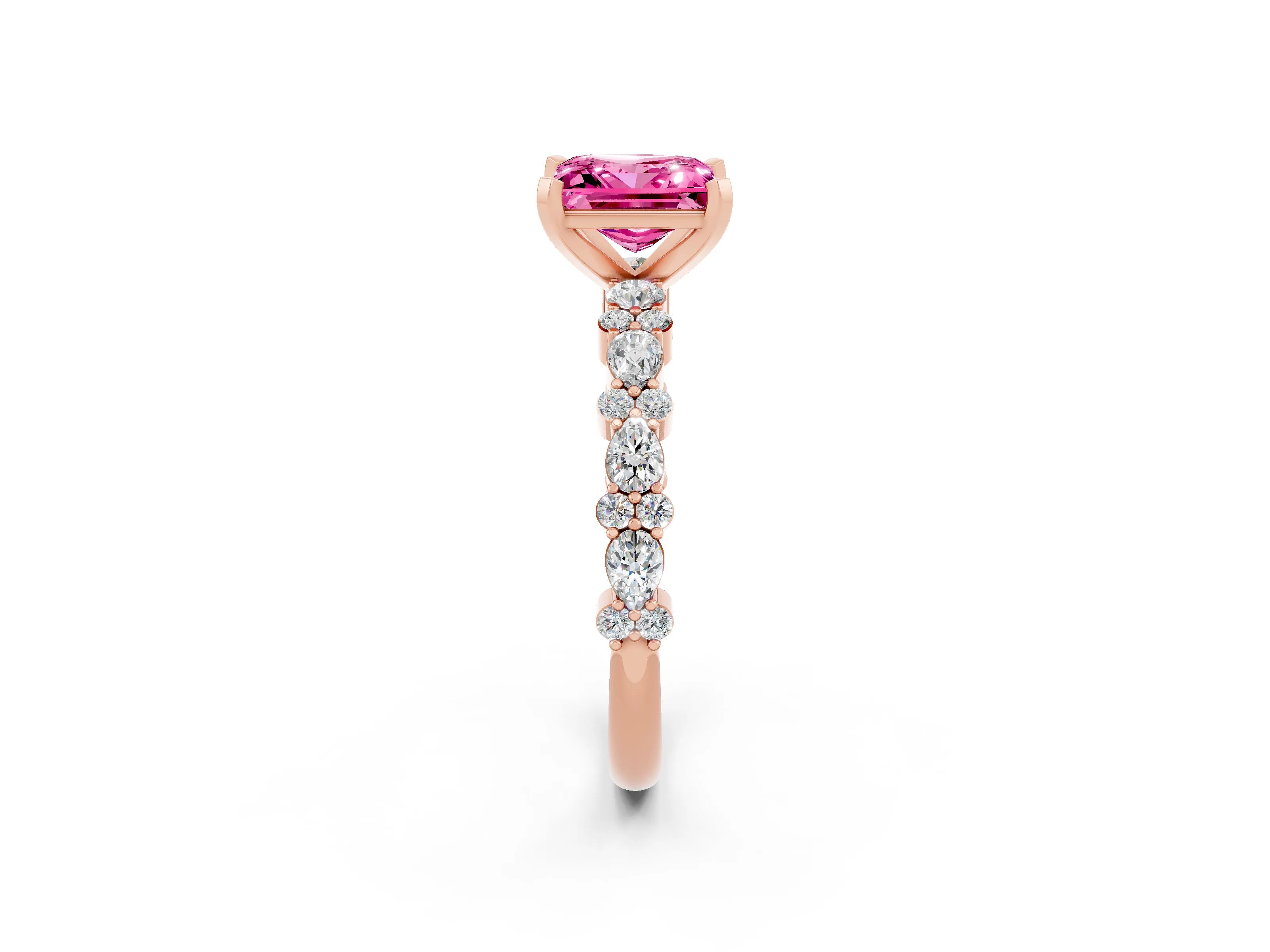 Rose gold Princess Cut Pink Sapphire Solitaire with Side Stones, Pave Band, Four-Prong Setting_62