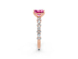 Rose gold Princess Cut Pink Sapphire Solitaire with Side Stones, Pave Band, Four-Prong Setting_62