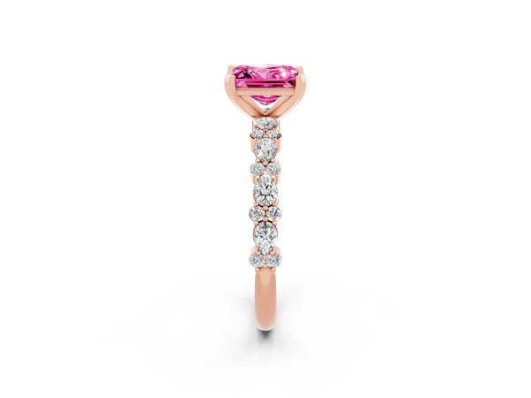 Rose gold Princess Cut Pink Sapphire Side Stone Solitaire Ring with Round  and Four-Prong Setting