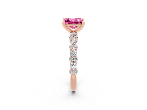 Rose gold Princess Cut Pink Sapphire Solitaire with Side Stones, Pave Band, Four-Prong Setting_62