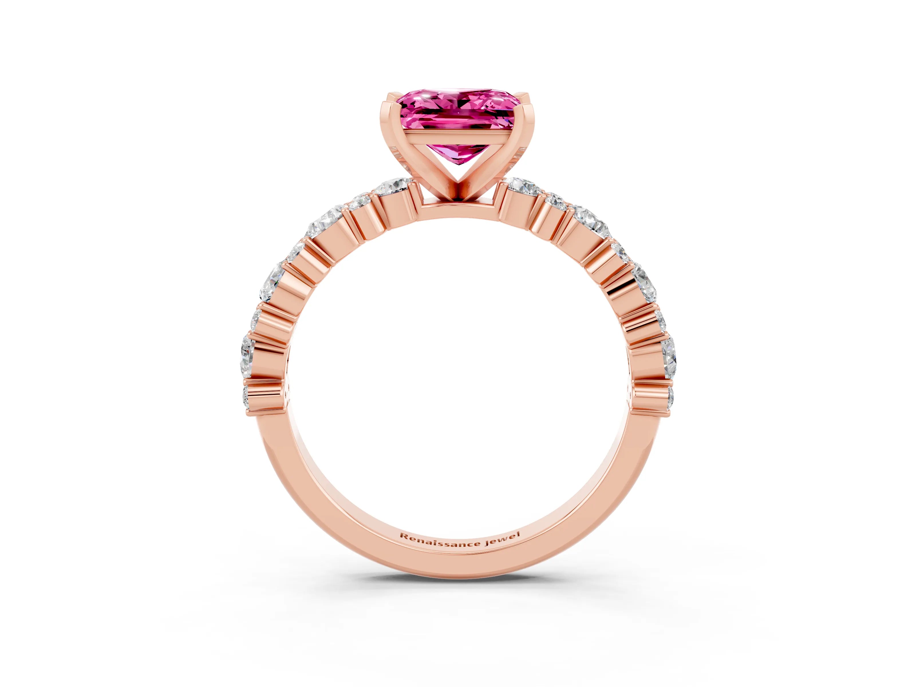 Rose gold Princess Cut Pink Sapphire Solitaire with Side Stones, Pave Band, Four-Prong Setting_63