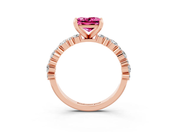 Rose gold Princess Cut Pink Sapphire Side Stone Solitaire Ring with Round  and Four-Prong Setting