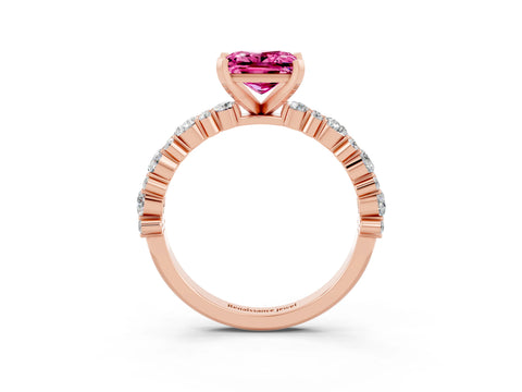 Rose gold Princess Cut Pink Sapphire Solitaire with Side Stones, Pave Band, Four-Prong Setting_63