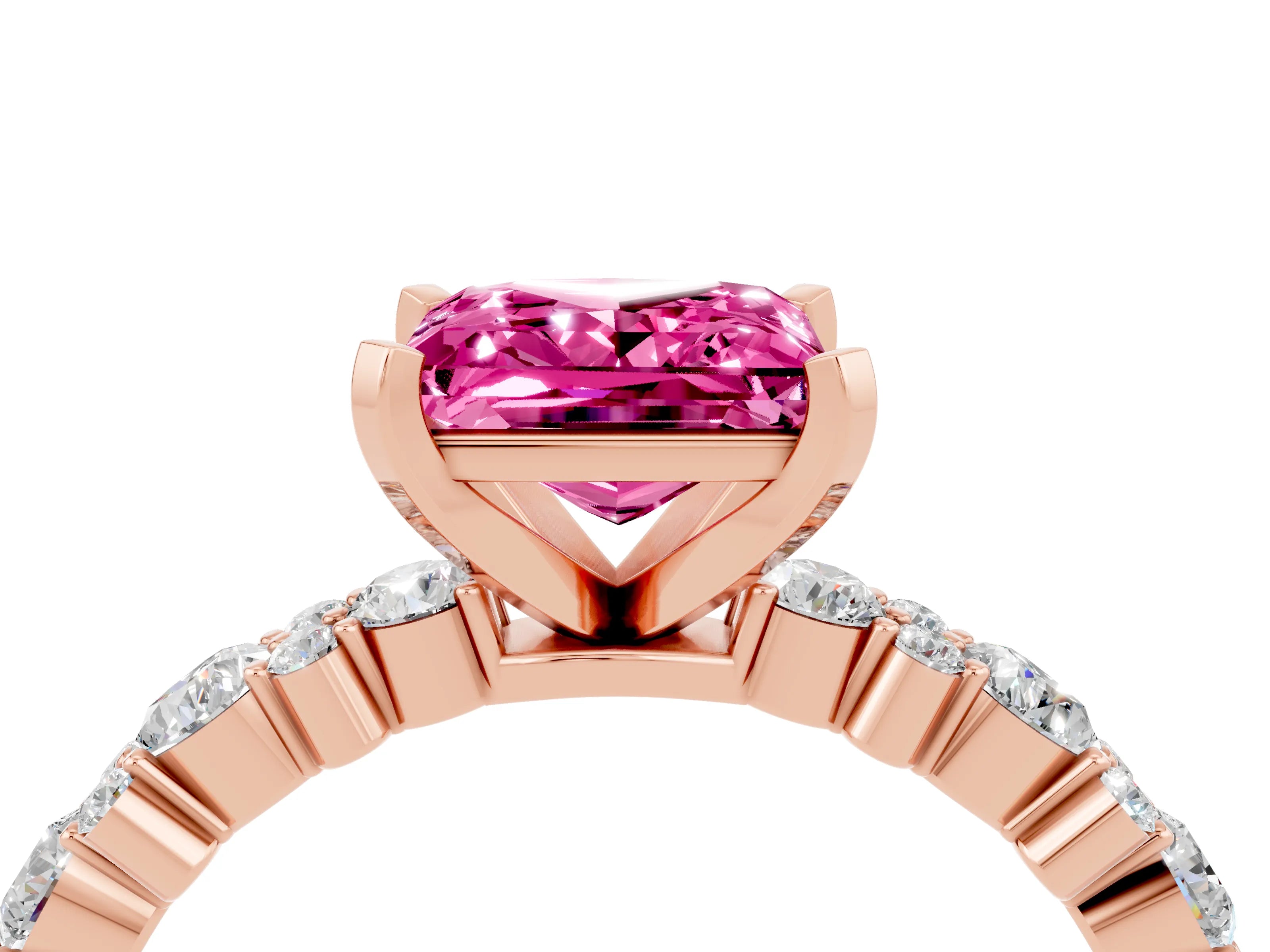 Rose gold Princess Cut Pink Sapphire Solitaire with Side Stones, Pave Band, Four-Prong Setting_64