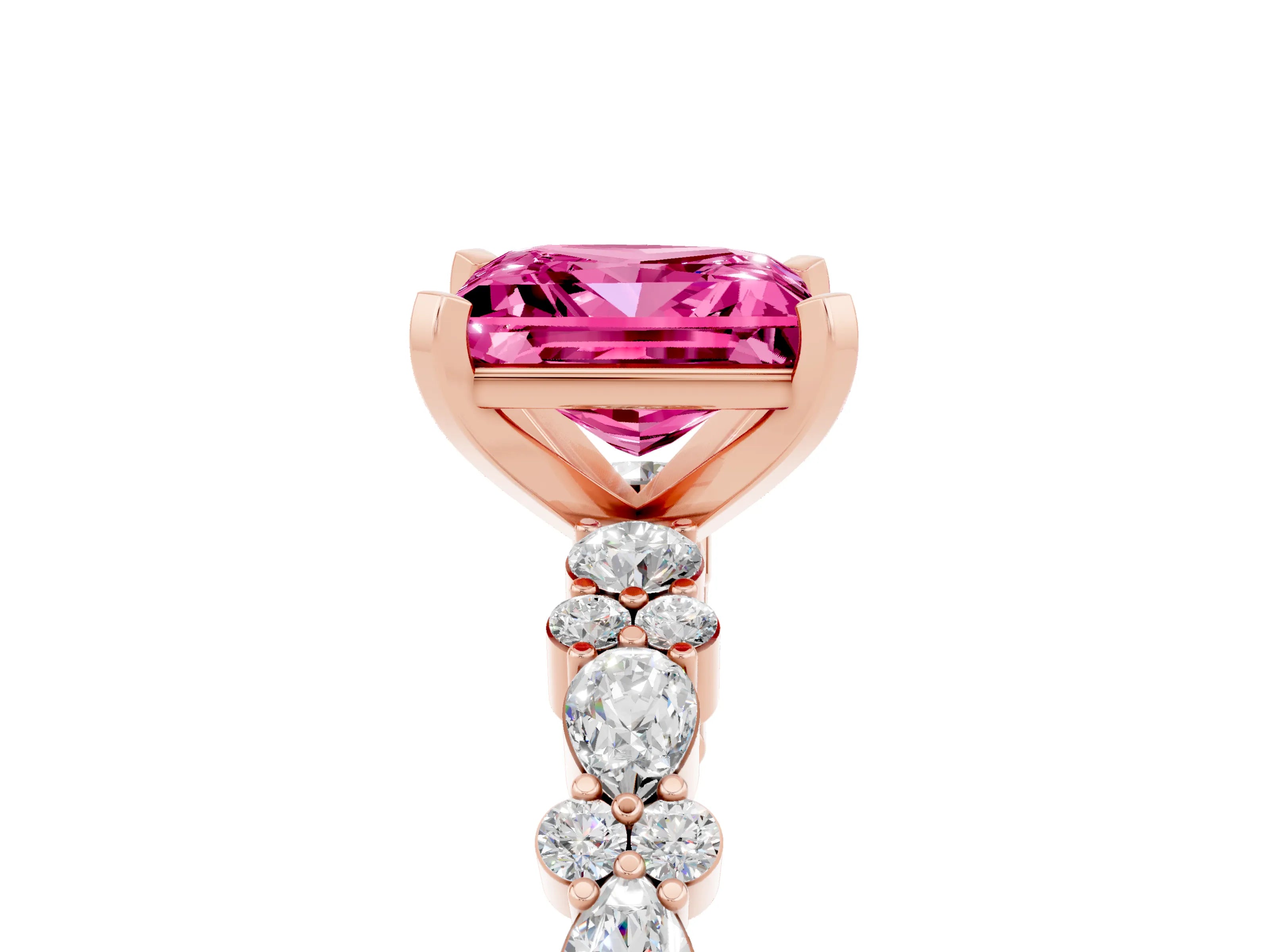Rose gold Princess Cut Pink Sapphire Solitaire with Side Stones, Pave Band, Four-Prong Setting_65