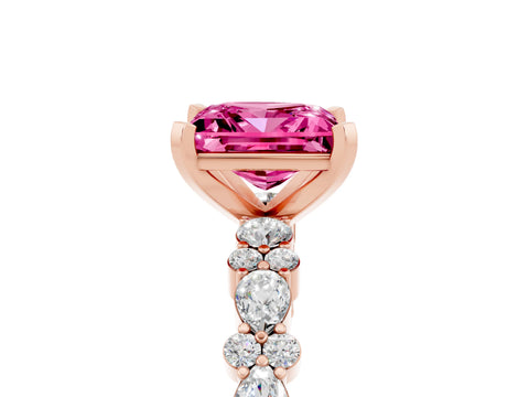 Rose gold Princess Cut Pink Sapphire Solitaire with Side Stones, Pave Band, Four-Prong Setting_65