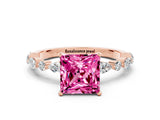 Rose gold Princess Cut Pink Sapphire Solitaire with Side Stones on a Pavé Band and Four-Prong Setting_24