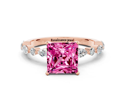 Rose gold Princess Cut Pink Sapphire Solitaire with Side Stones on a Pavé Band and Four-Prong Setting_24