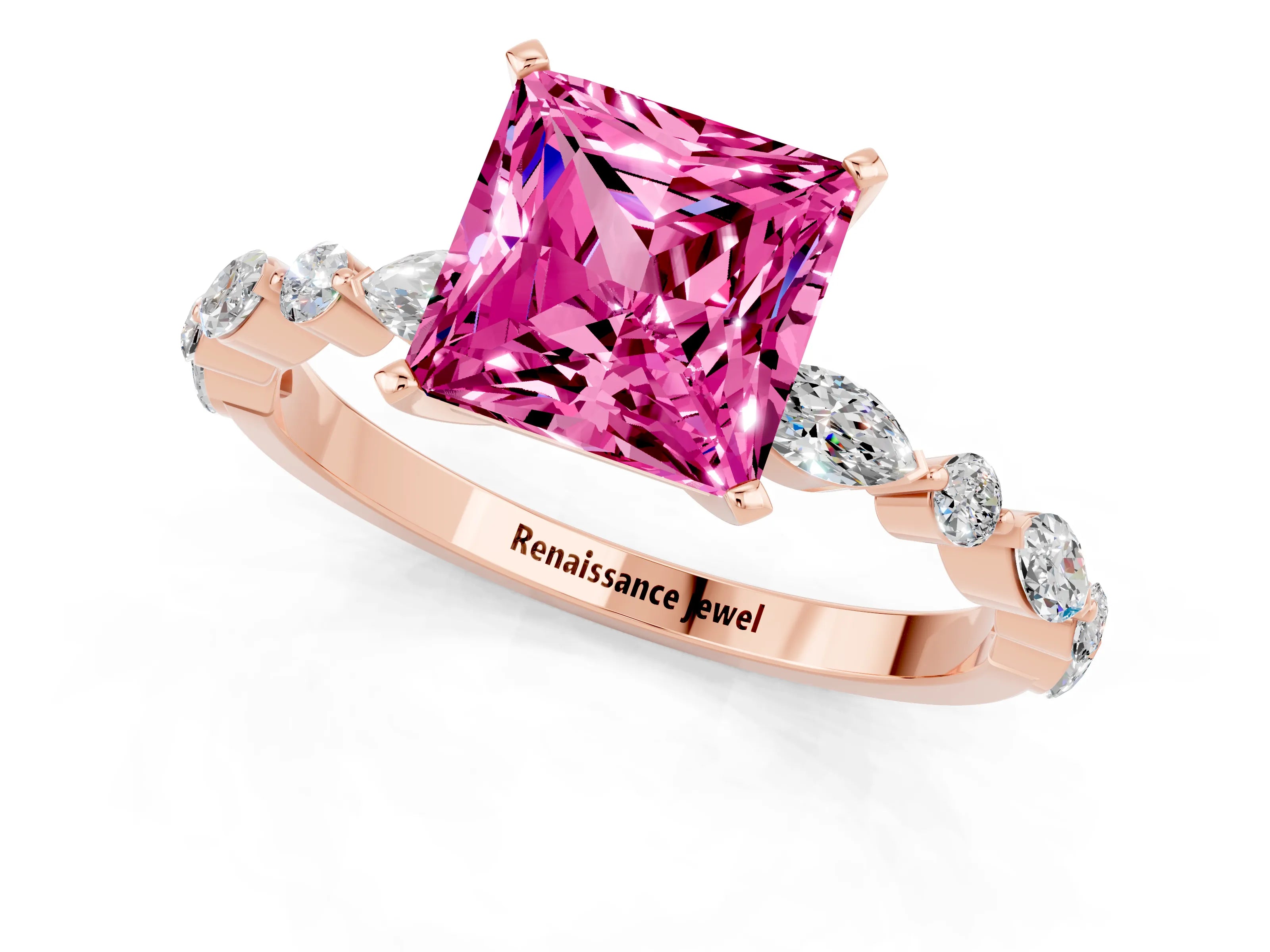 Rose gold Princess Cut Pink Sapphire Solitaire with Side Stones on a Pavé Band and Four-Prong Setting_25