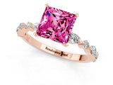 Rose gold Princess Cut Pink Sapphire Solitaire with Side Stones on a Pavé Band and Four-Prong Setting_25