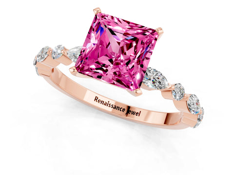 Rose gold Princess Cut Pink Sapphire Solitaire with Side Stones on a Pavé Band and Four-Prong Setting_25
