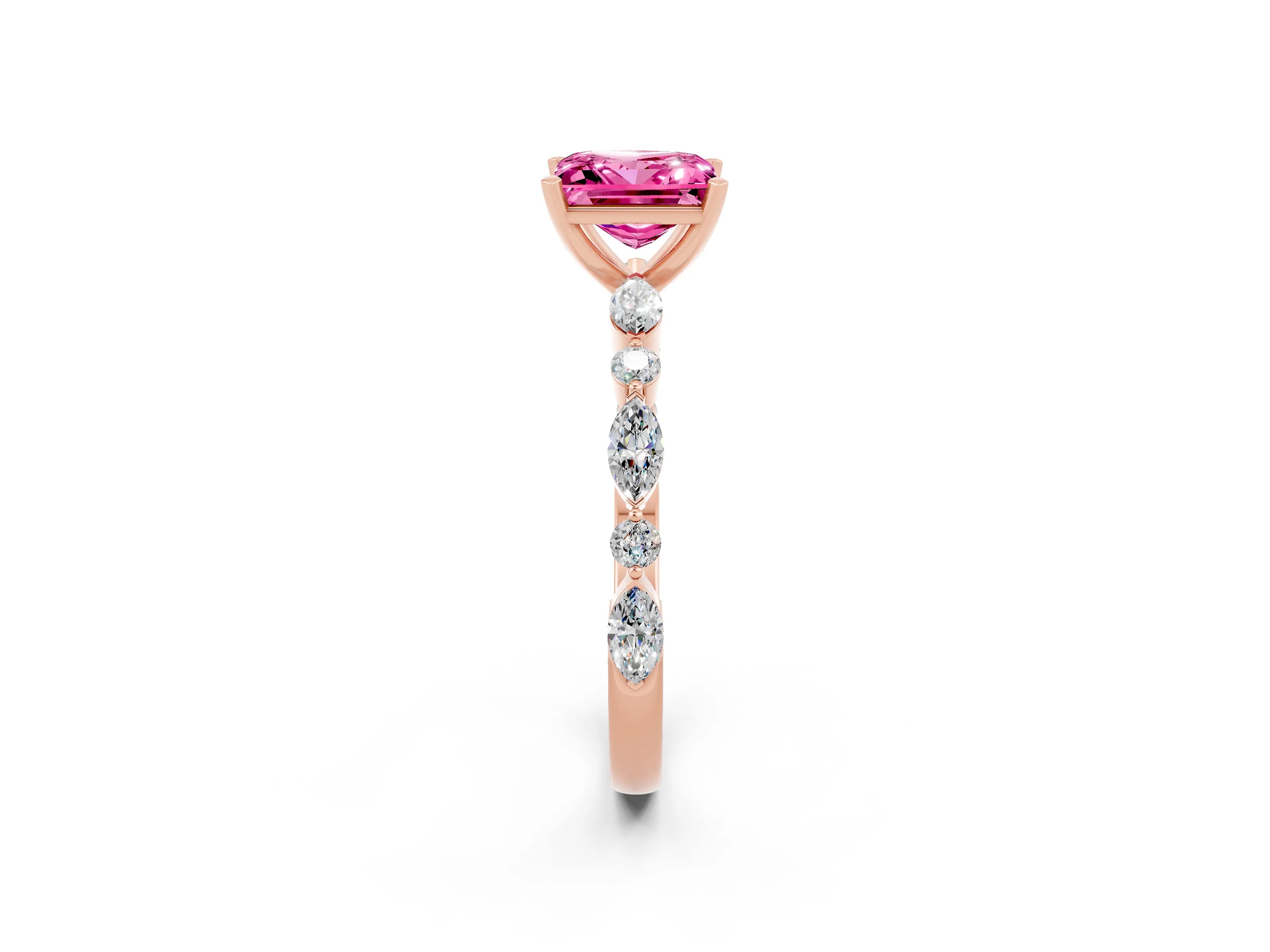 Rose gold Princess Cut Pink Sapphire Solitaire with Side Stones on a Pavé Band and Four-Prong Setting_26