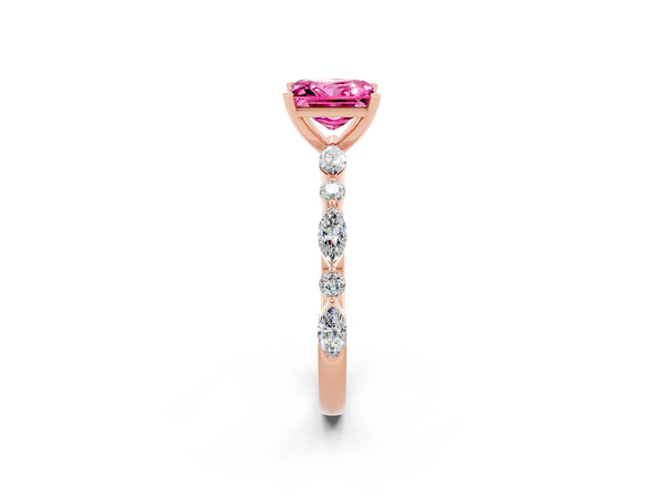 Rose gold Princess Cut Pink Sapphire Ring with Marquise and Round  Side Stones and Four-Prong Setting
