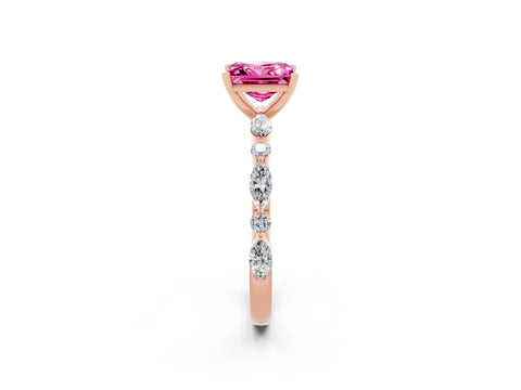 Rose gold Princess Cut Pink Sapphire Solitaire with Side Stones on a Pavé Band and Four-Prong Setting_26