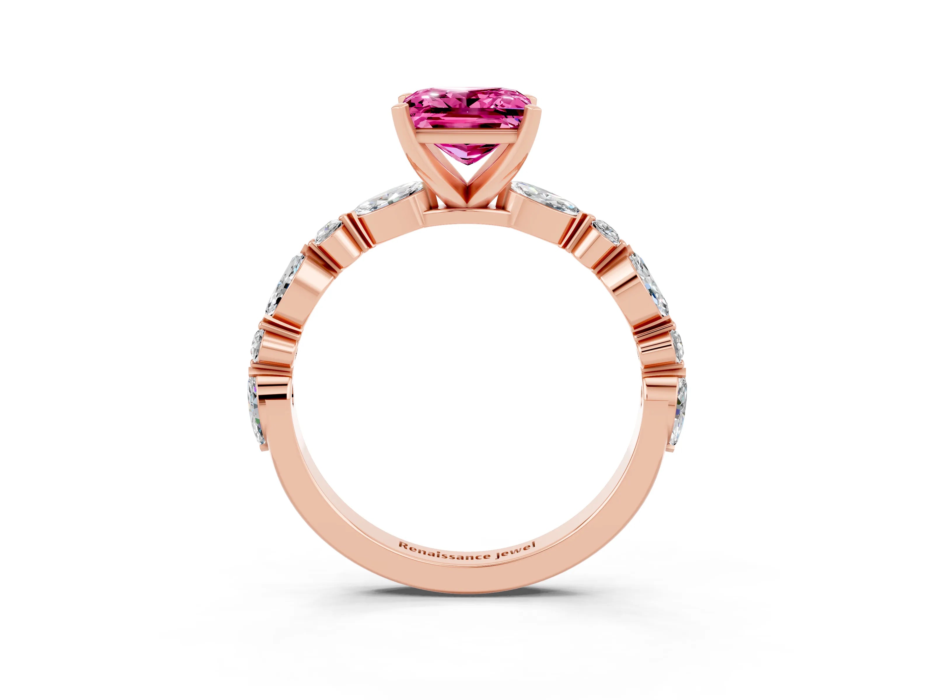 Rose gold Princess Cut Pink Sapphire Solitaire with Side Stones on a Pavé Band and Four-Prong Setting_27