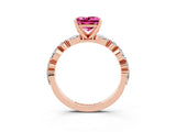 Rose gold Princess Cut Pink Sapphire Solitaire with Side Stones on a Pavé Band and Four-Prong Setting_27