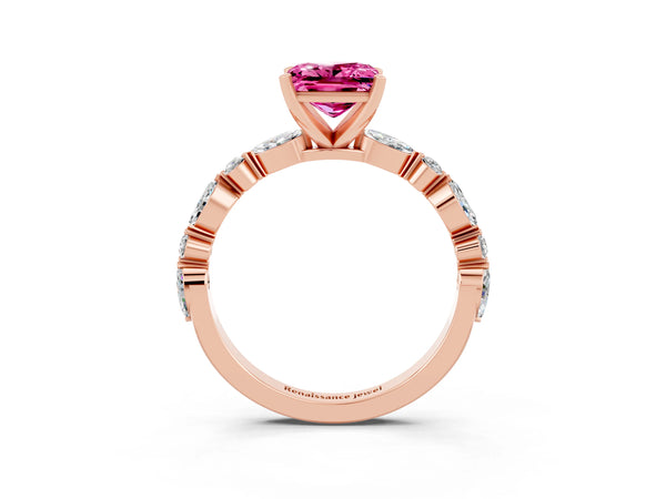 Rose gold Princess Cut Pink Sapphire Ring with Marquise and Round  Side Stones and Four-Prong Setting
