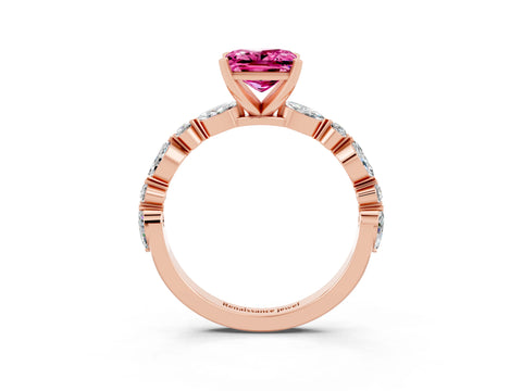 Rose gold Princess Cut Pink Sapphire Solitaire with Side Stones on a Pavé Band and Four-Prong Setting_27