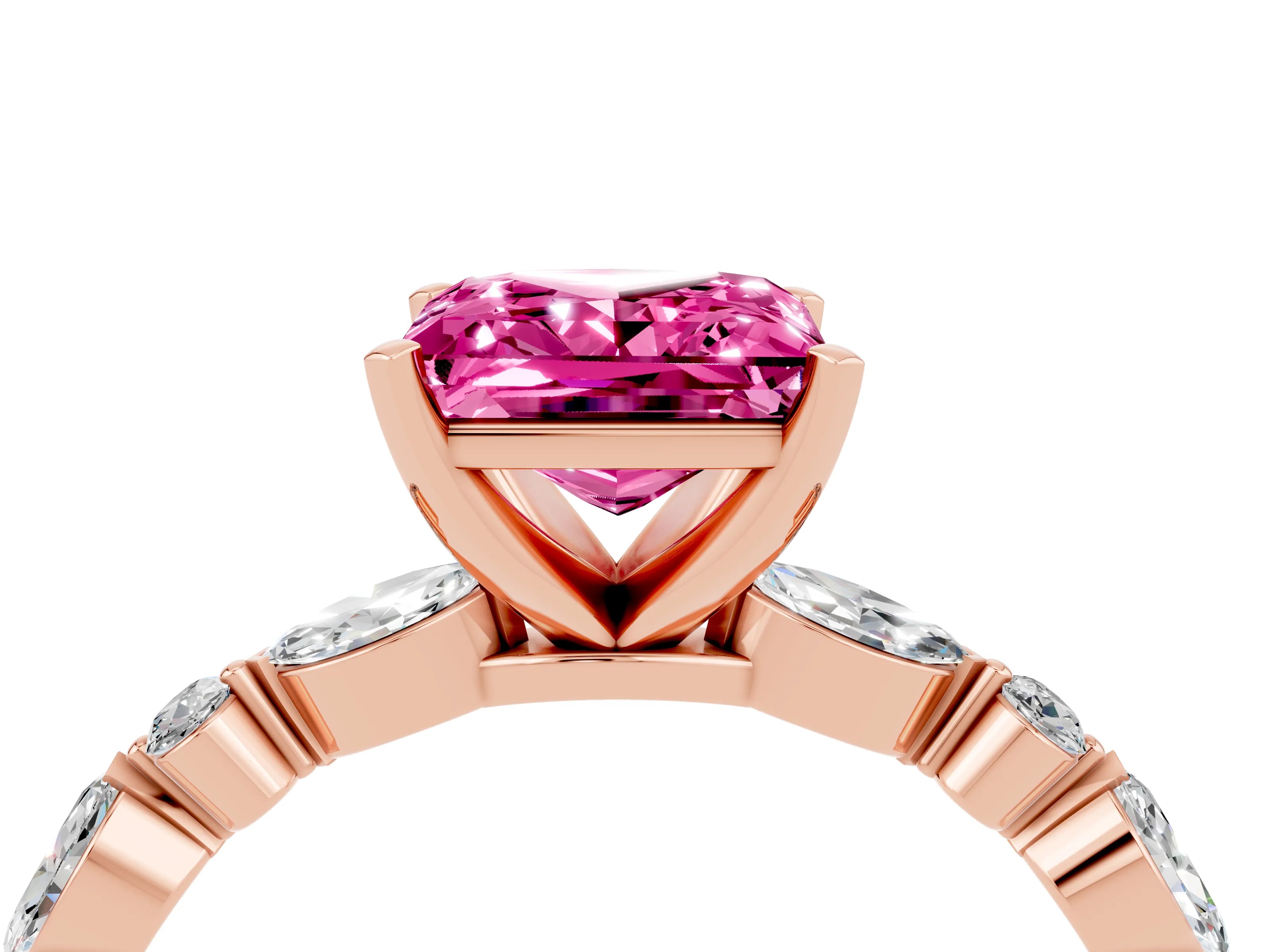 Rose gold Princess Cut Pink Sapphire Solitaire with Side Stones on a Pavé Band and Four-Prong Setting_28