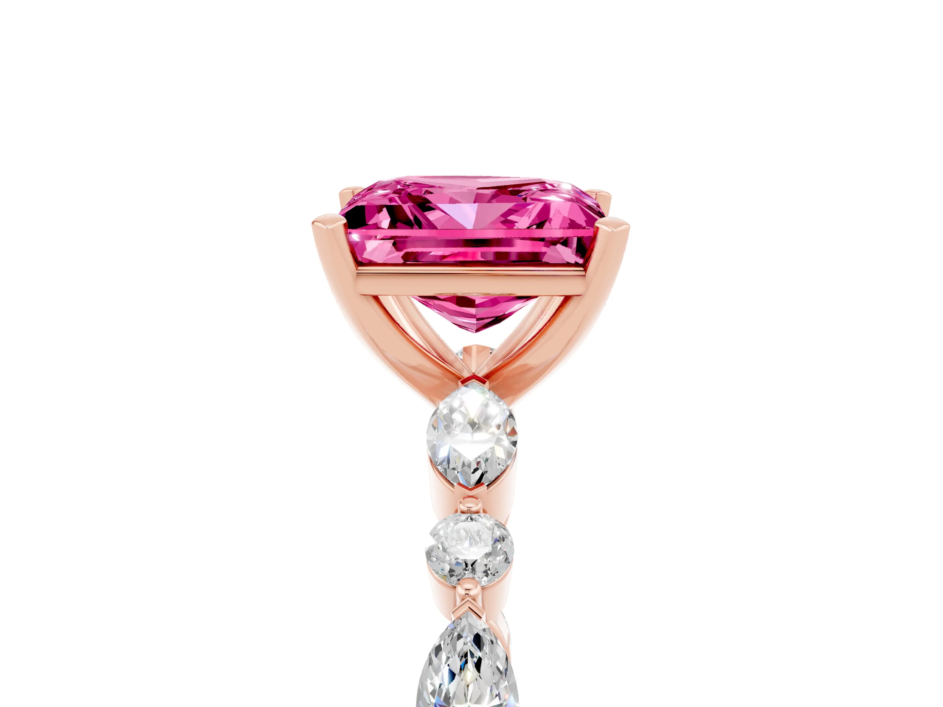 Rose gold Princess Cut Pink Sapphire Solitaire with Side Stones on a Pavé Band and Four-Prong Setting_29