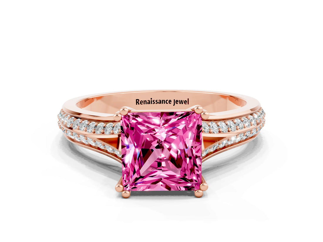 Rose gold Princess Cut Pink Sapphire Split Shank Engagement Ring with Pavé Band_24