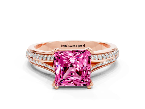 Rose gold Princess Cut Pink Sapphire Split Shank Engagement Ring with Pavé Band
