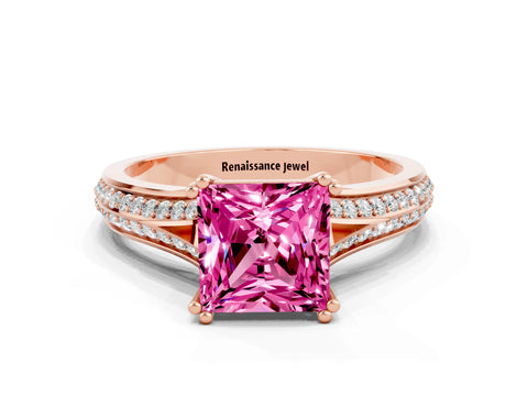 Rose gold Princess Cut Pink Sapphire Split Shank Engagement Ring with Pavé Band_24