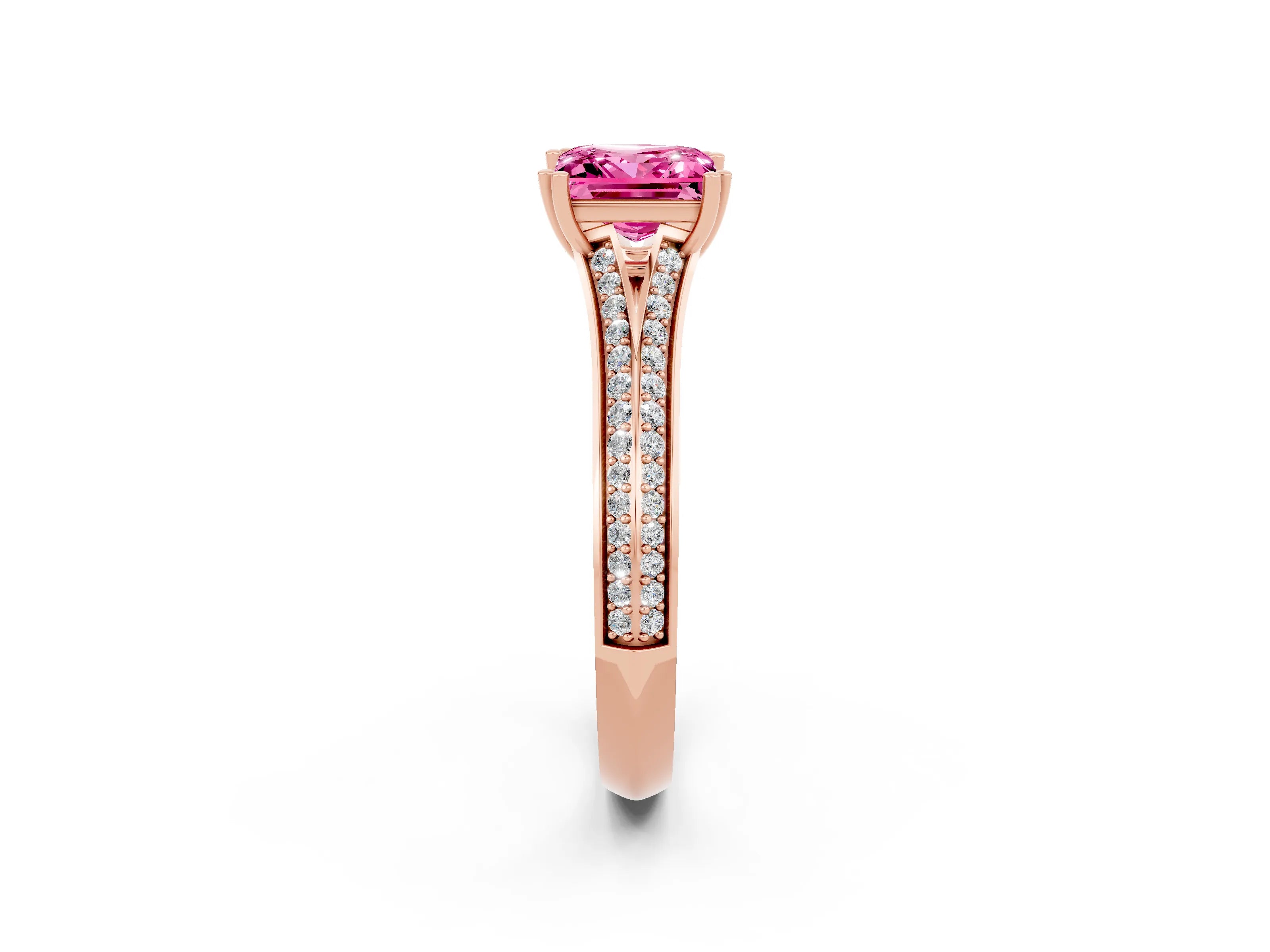 Rose gold Princess Cut Pink Sapphire Split Shank Engagement Ring with Pavé Band_26