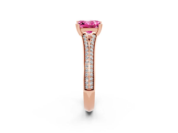 Rose gold Princess Cut Pink Sapphire Split Shank Engagement Ring with Pavé Band