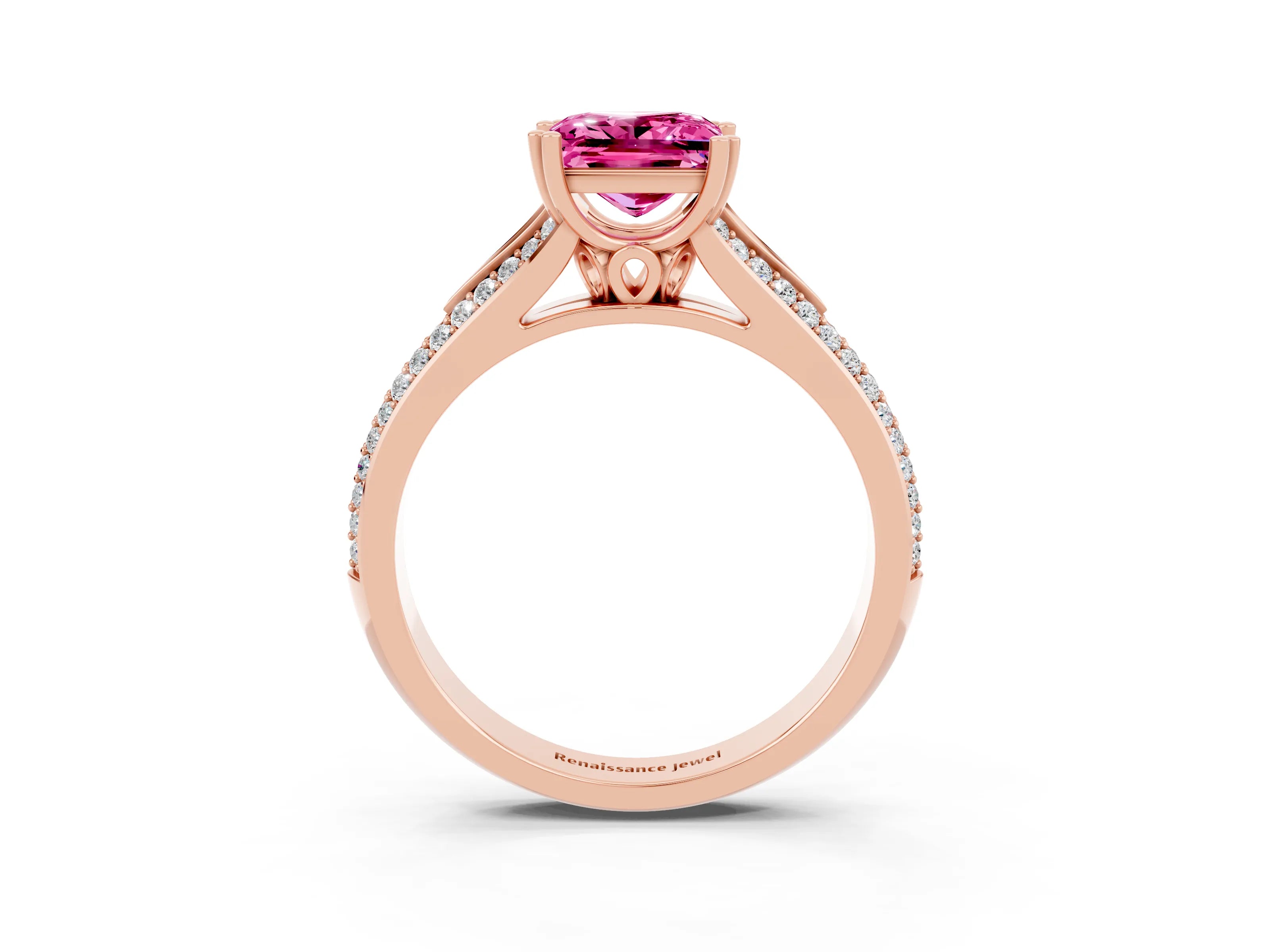 Rose gold Princess Cut Pink Sapphire Split Shank Engagement Ring with Pavé Band_27