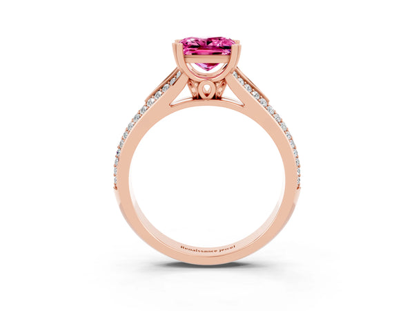 Rose gold Princess Cut Pink Sapphire Split Shank Engagement Ring with Pavé Band