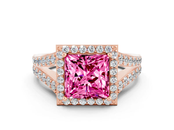 Rose gold Princess Cut Pink Sapphire Split Shank Halo Ring with Four-Prong Setting