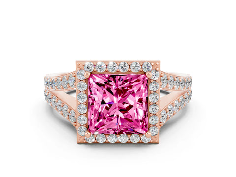 Rose gold Princess Cut Pink Sapphire Split Shank Halo Ring with Four-Prong Setting_12