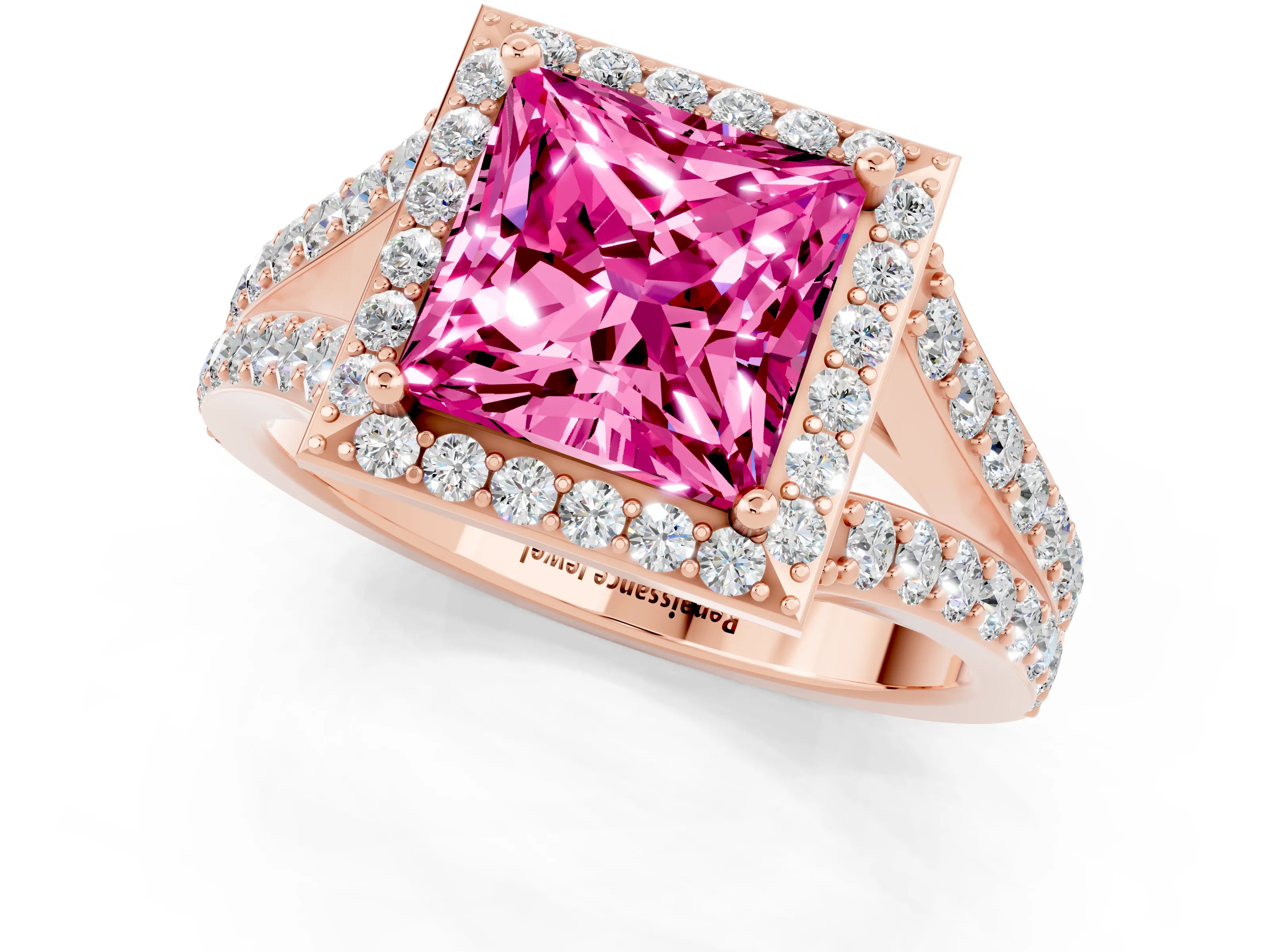 Rose gold Princess Cut Pink Sapphire Split Shank Halo Ring with Four-Prong Setting_13