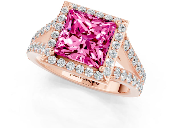 Rose gold Princess Cut Pink Sapphire Split Shank Halo Ring with Four-Prong Setting