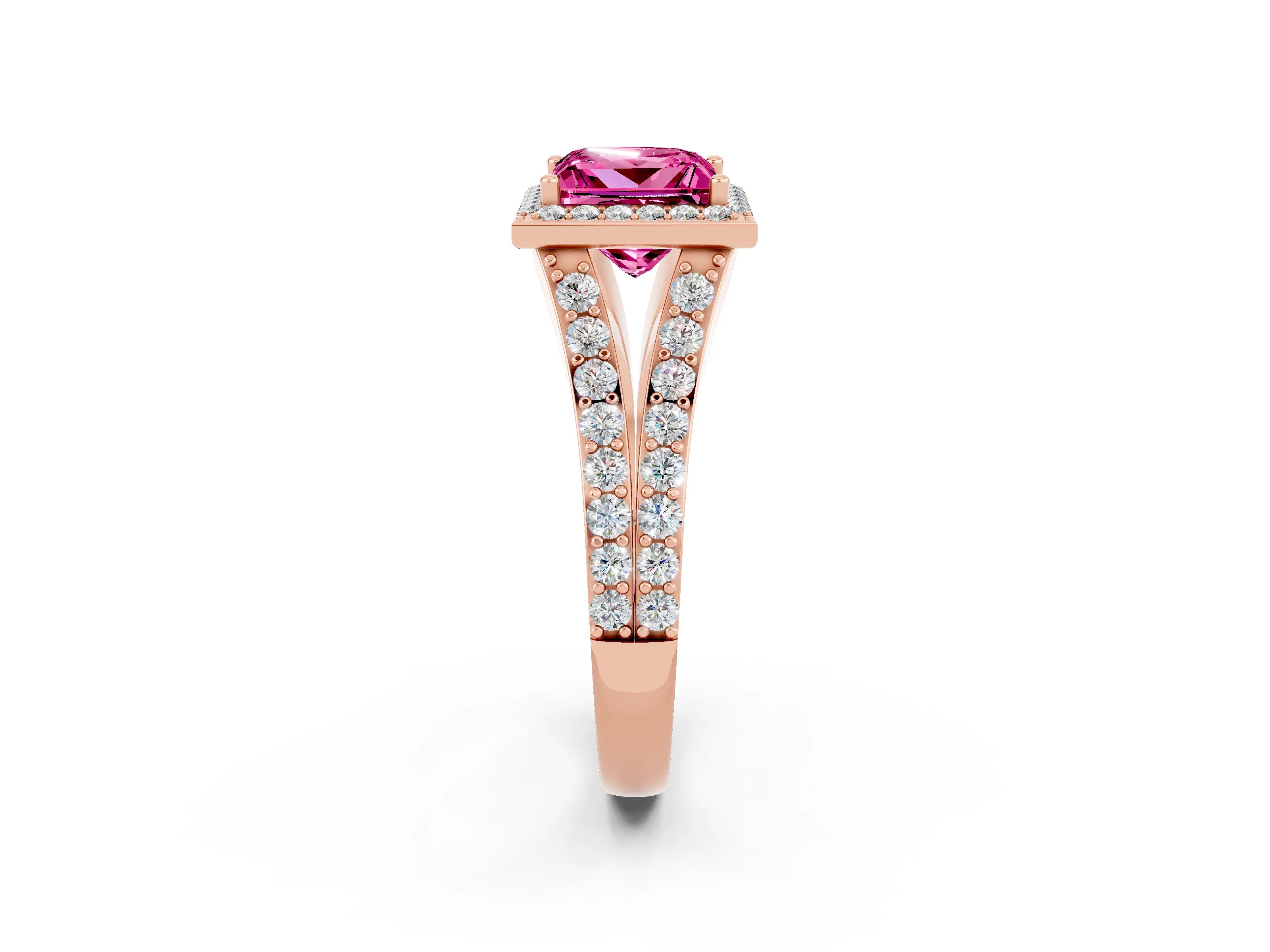 Rose gold Princess Cut Pink Sapphire Split Shank Halo Ring with Four-Prong Setting_14