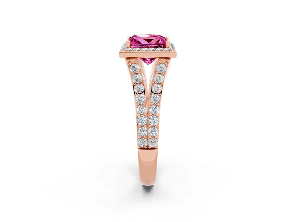 Rose gold Princess Cut Pink Sapphire Split Shank Halo Ring with Four-Prong Setting