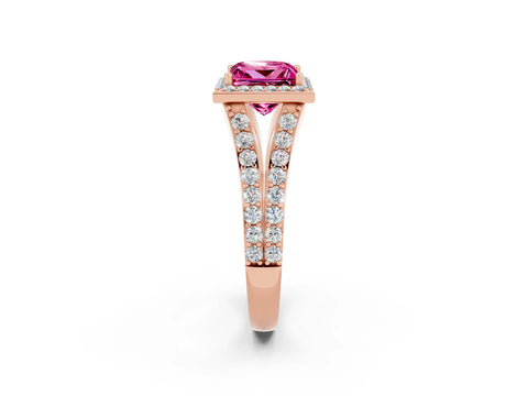 Rose gold Princess Cut Pink Sapphire Split Shank Halo Ring with Four-Prong Setting_14
