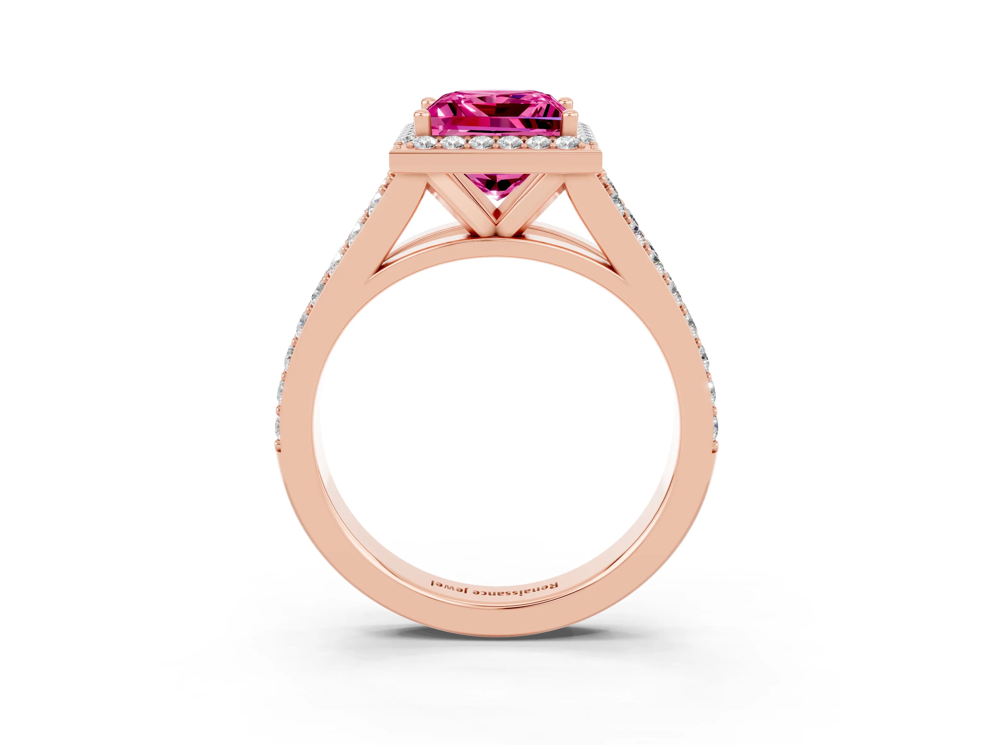 Rose gold Princess Cut Pink Sapphire Split Shank Halo Ring with Four-Prong Setting_15
