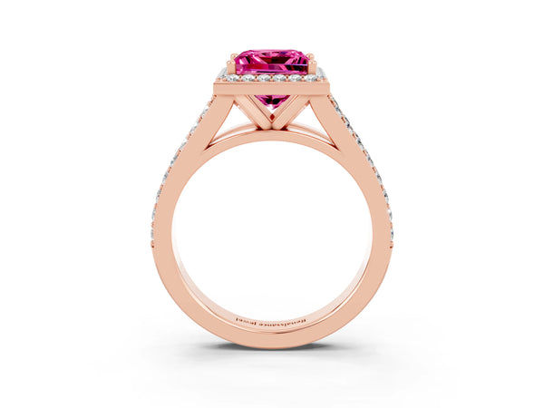 Rose gold Princess Cut Pink Sapphire Split Shank Halo Ring with Four-Prong Setting
