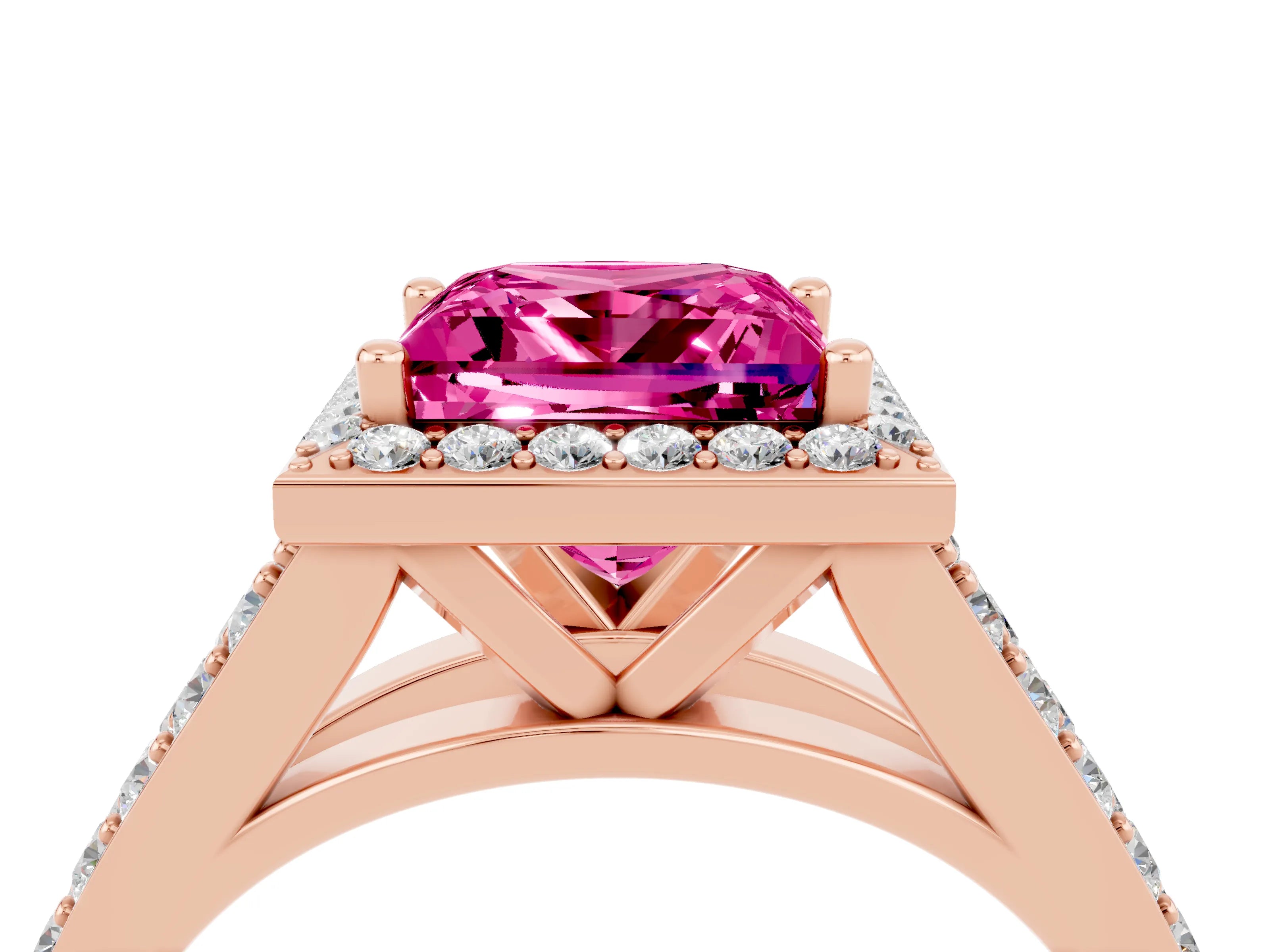 Rose gold Princess Cut Pink Sapphire Split Shank Halo Ring with Four-Prong Setting_16