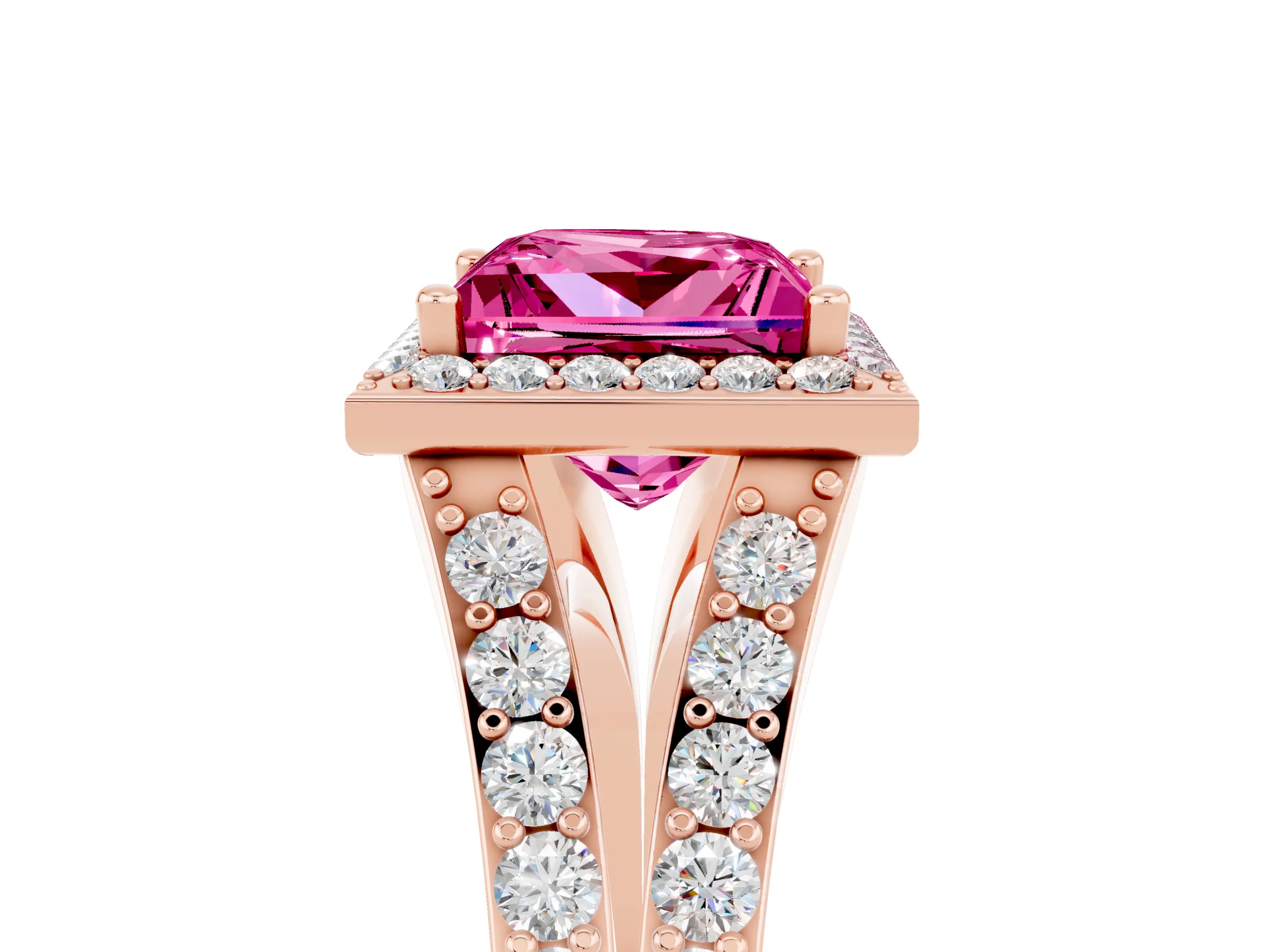 Rose gold Princess Cut Pink Sapphire Split Shank Halo Ring with Four-Prong Setting_17