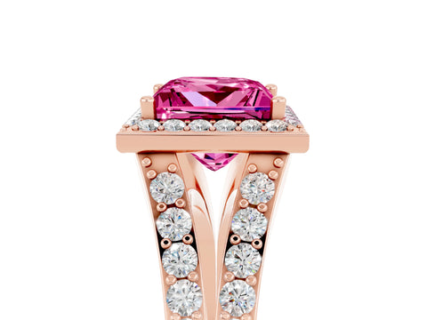 Rose gold Princess Cut Pink Sapphire Split Shank Halo Ring with Four-Prong Setting_17