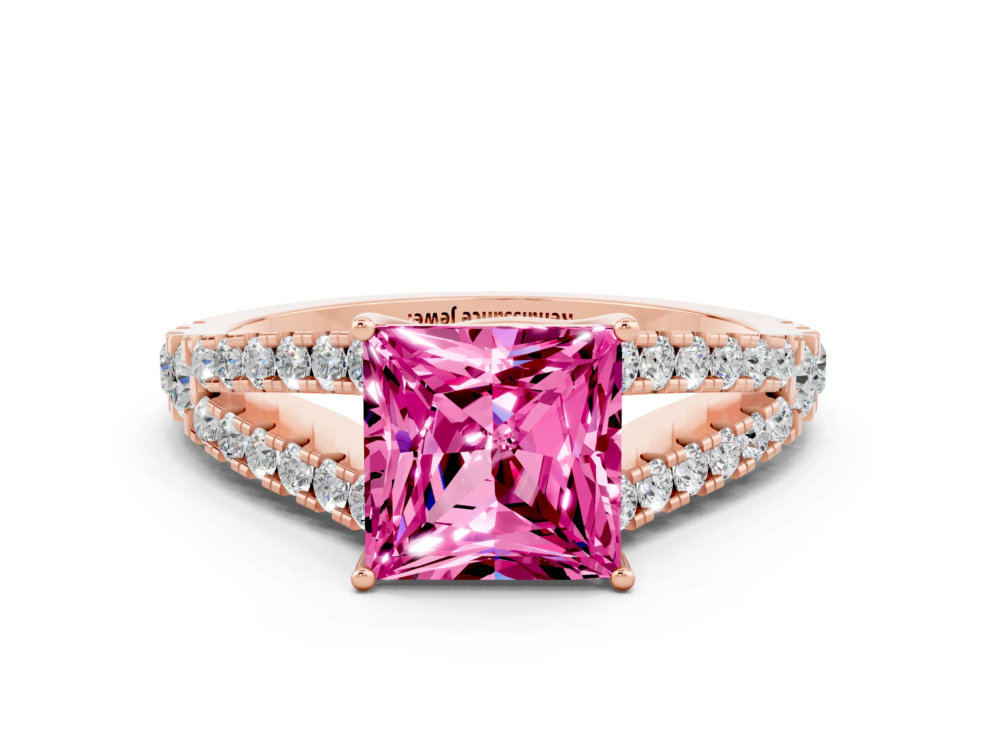 Rose gold Princess Cut Pink Sapphire Split Shank Pavé Engagement Ring with Four-Prong Setting_12