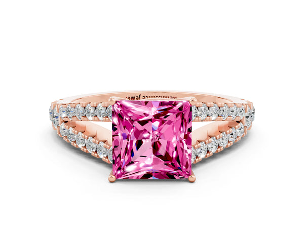 Rose gold Princess Cut Pink Sapphire Split Shank Pavé Engagement Ring with Four-Prong Setting