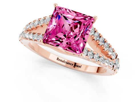 Rose gold Princess Cut Pink Sapphire Split Shank Pavé Engagement Ring with Four-Prong Setting_13