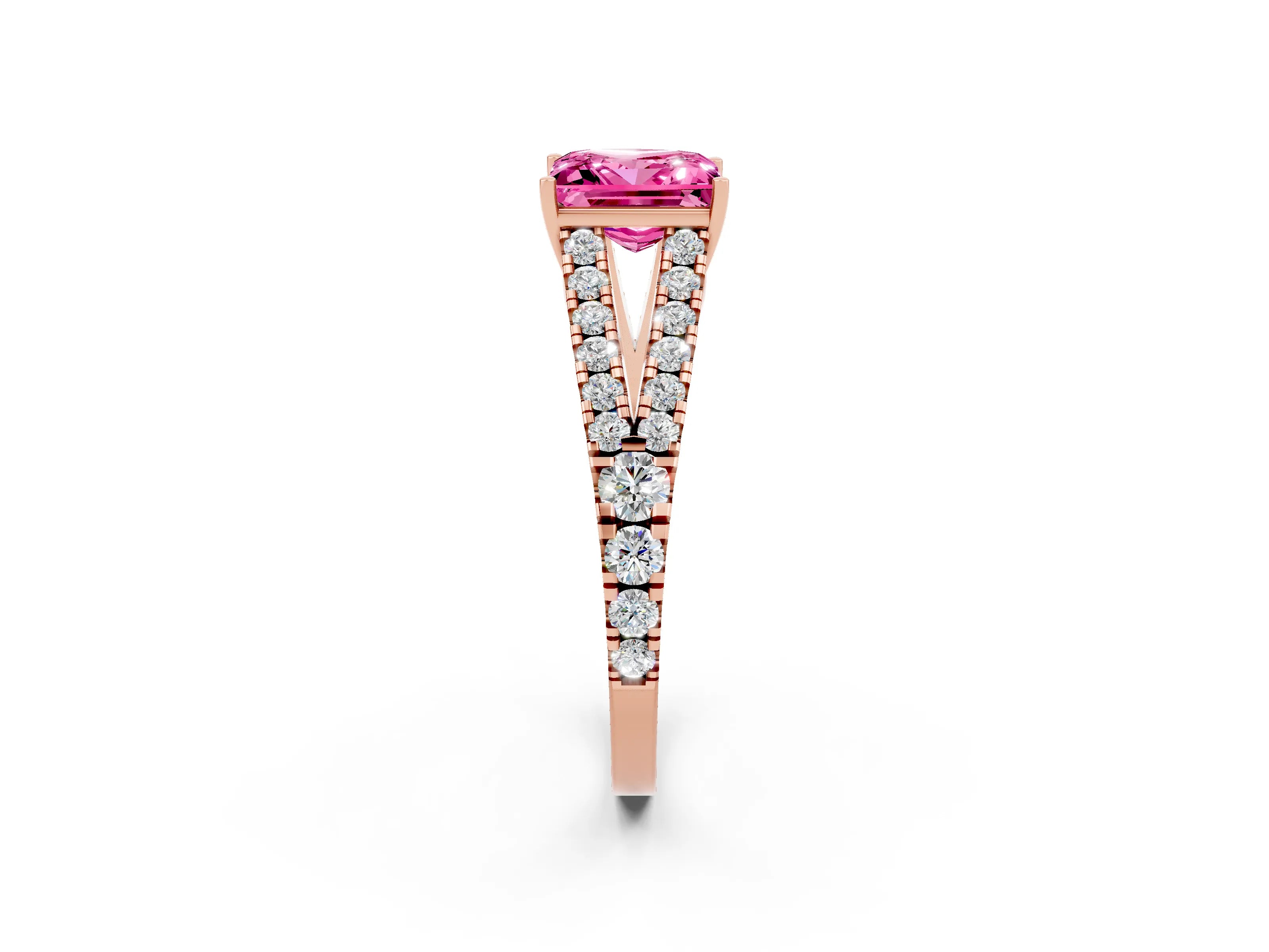 Rose gold Princess Cut Pink Sapphire Split Shank Pavé Engagement Ring with Four-Prong Setting_14