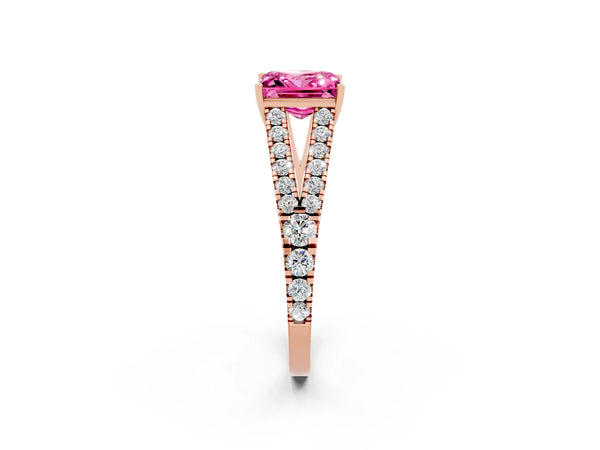 Rose gold Princess Cut Pink Sapphire Split Shank Pavé Engagement Ring with Four-Prong Setting