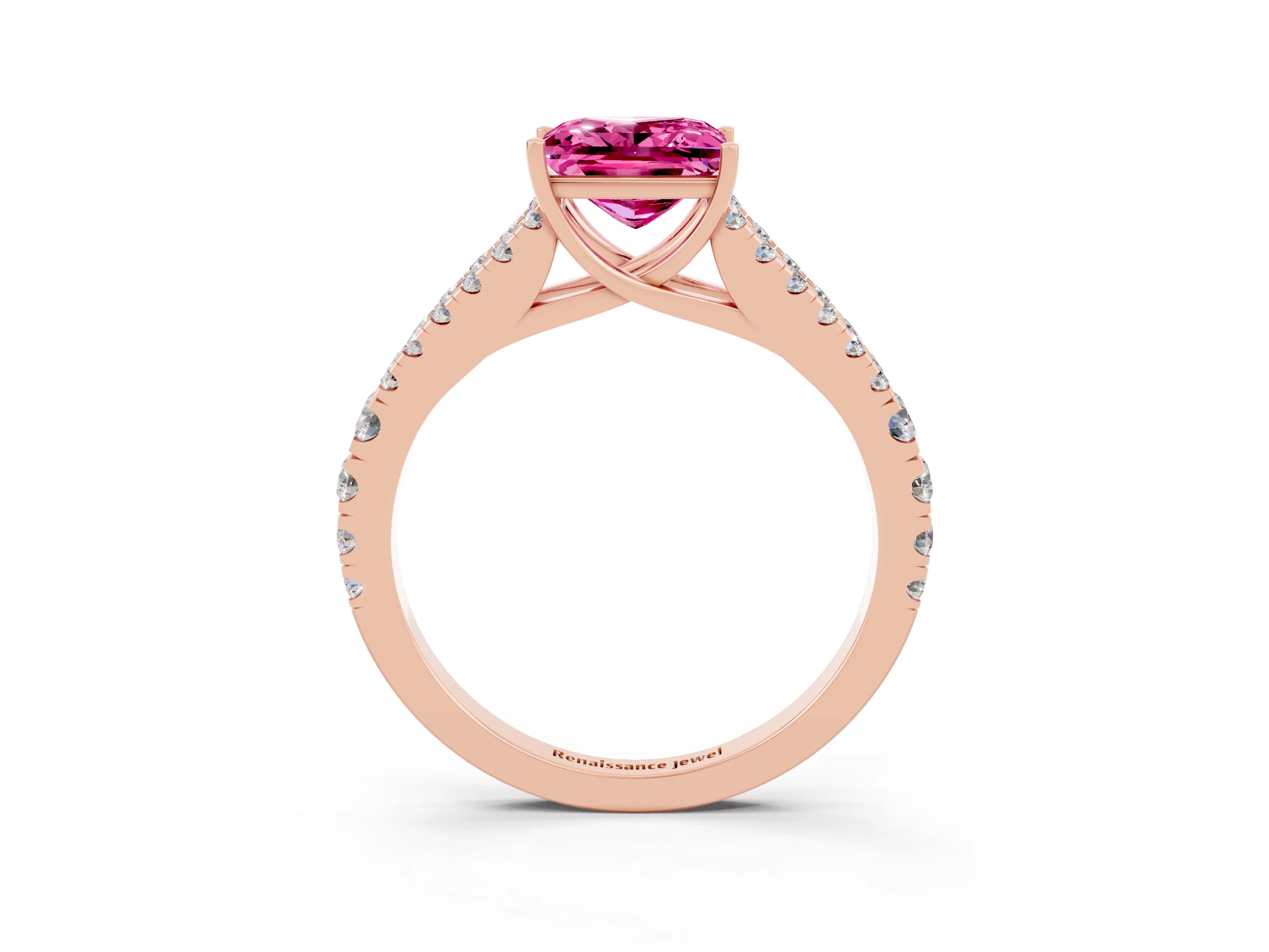 Rose gold Princess Cut Pink Sapphire Split Shank Pavé Engagement Ring with Four-Prong Setting_15