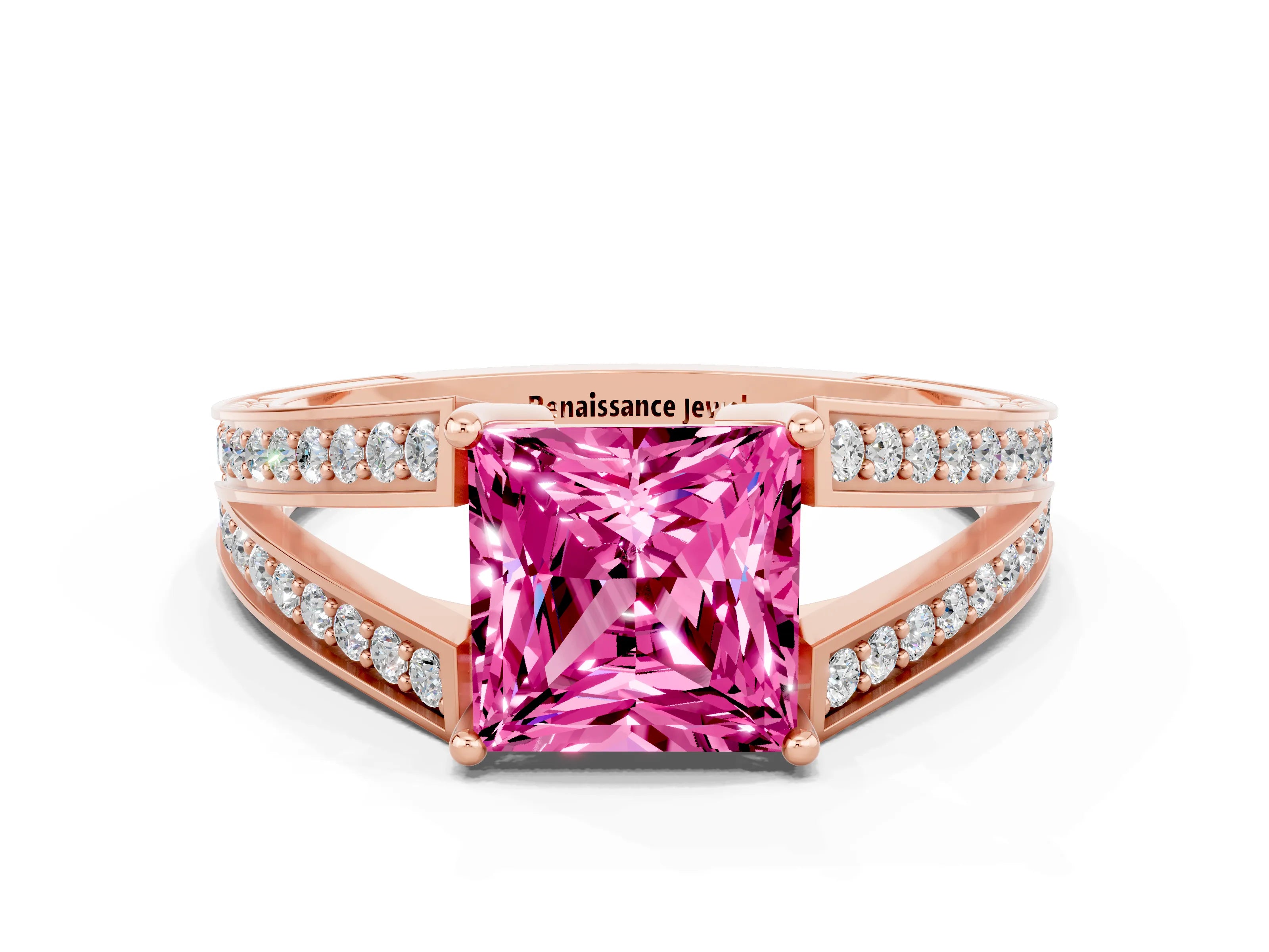 Rose gold Princess Cut Pink Sapphire Split Shank Ring with Pavé Band and Four-Prong Setting